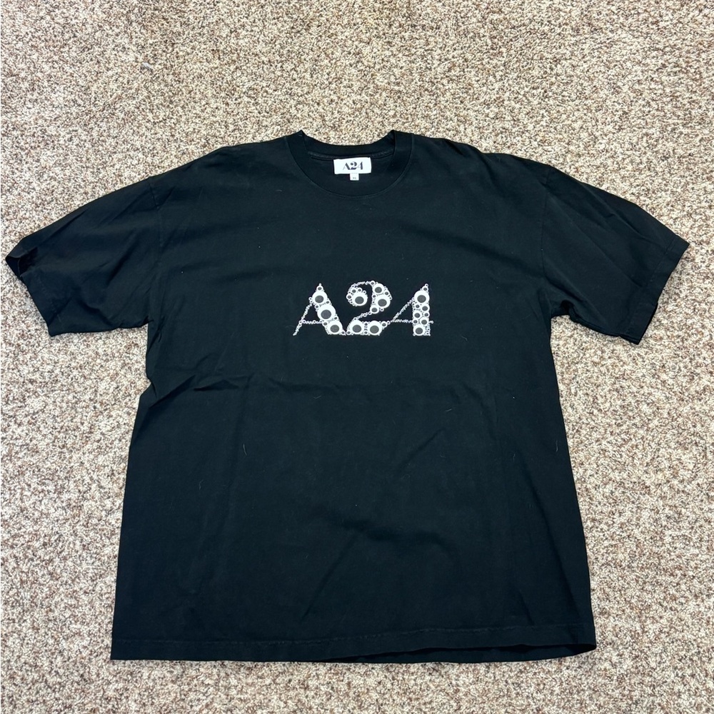 A24 Logo Black Short Sleeve Tee Google Eyes Puff Print